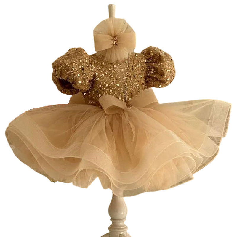 Girls Princess Dress With Puff Sleeve Sequins Children Puff Mesh