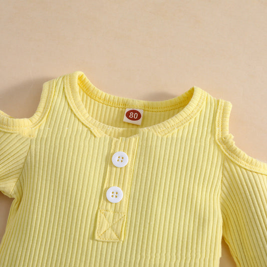 Girls' Sunken Stripe Rompers Jumpsuit Flower Flared Pants Hair Band Three-piece Set