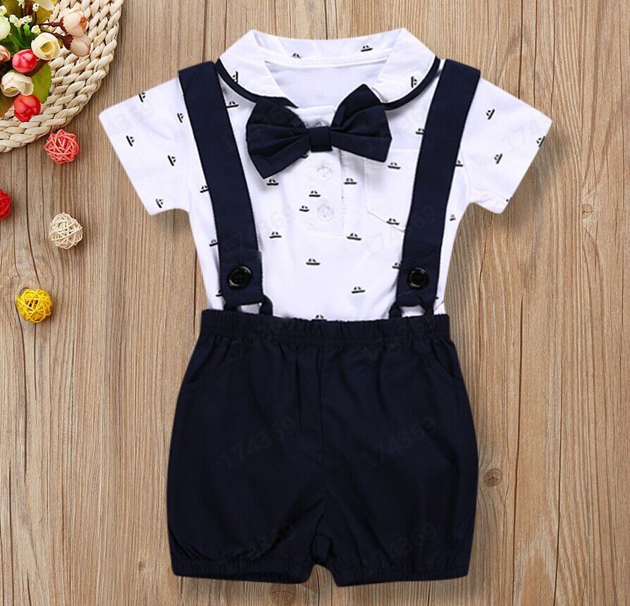 Boy's White Romper Suspender Bow Tie