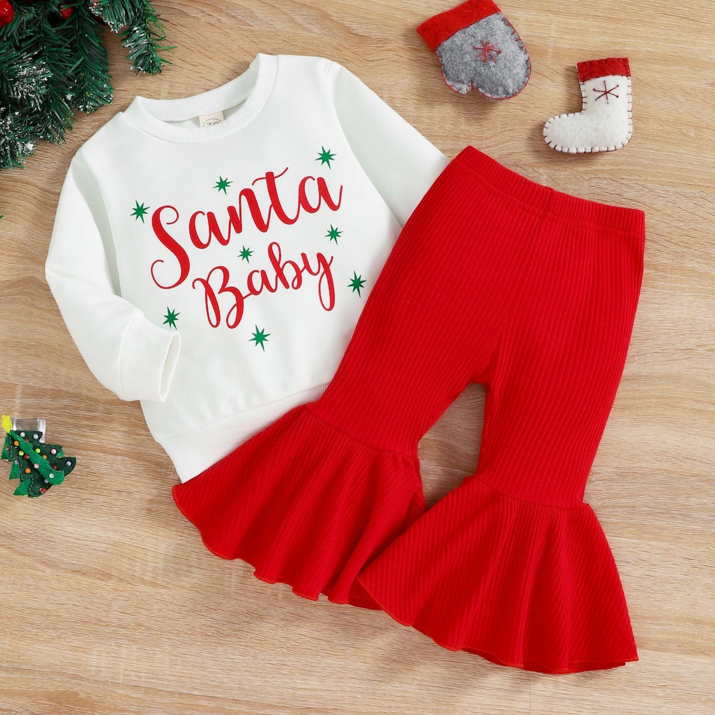 Christmas Autumn And Winter Girl Letter Jumpsuit Velvet Stitching Plush Bell-bottom Pants Children Suit