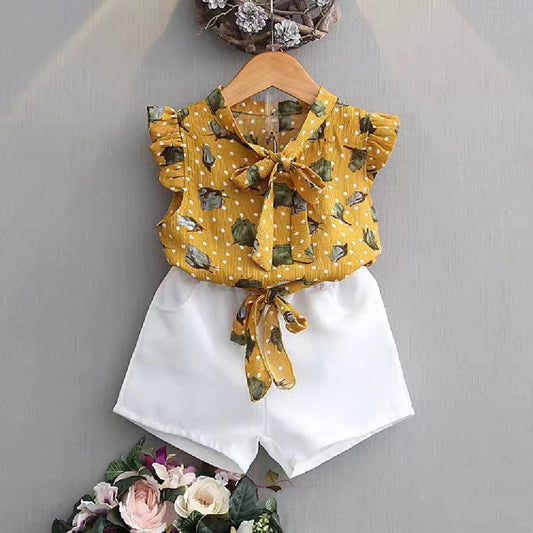 Girls Chiffon Sleeveless Flower Printed Two-piece Suit