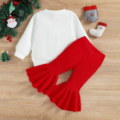Christmas Autumn And Winter Girl Letter Jumpsuit Velvet Stitching Plush Bell-bottom Pants Children Suit