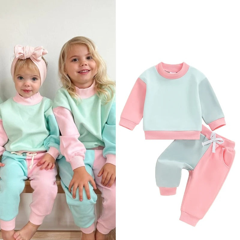 Children's Minimalist And Versatile Color Blocking Long Sleeved Set