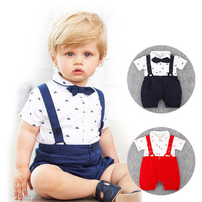 Boy's White Romper Suspender Bow Tie