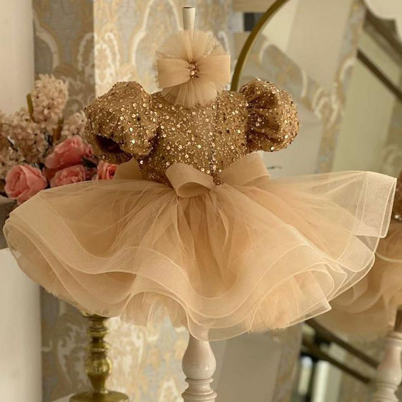 Girls Princess Dress With Puff Sleeve Sequins Children Puff Mesh