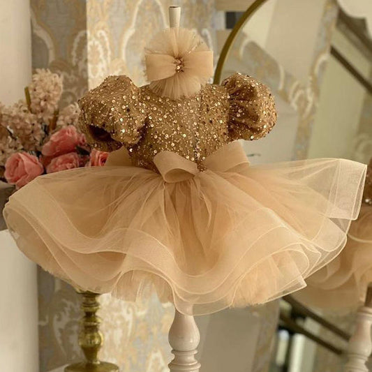 Girls Princess Dress With Puff Sleeve Sequins Children Puff Mesh