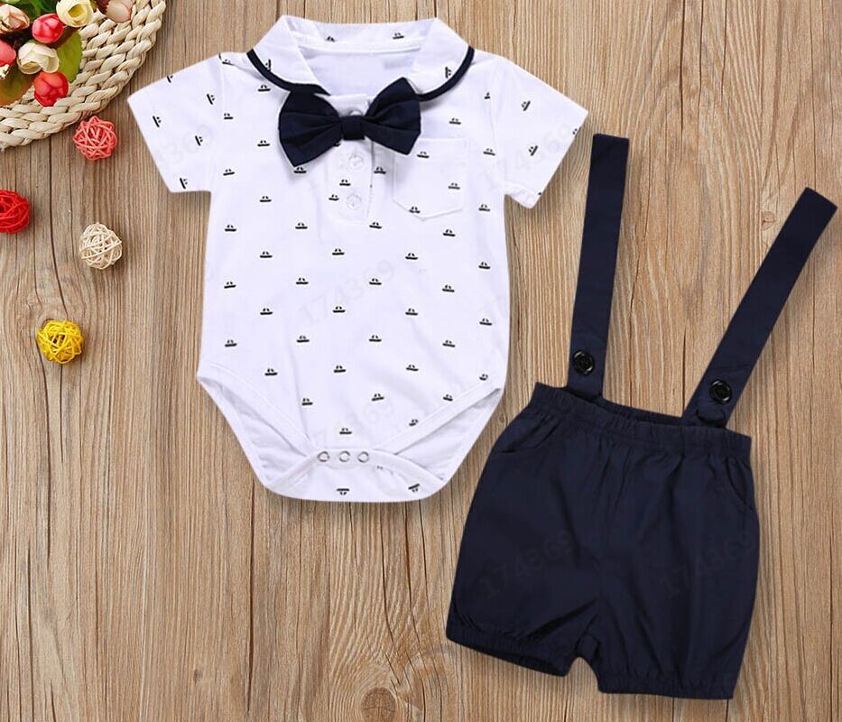 Boy's White Romper Suspender Bow Tie