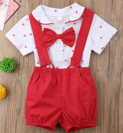 Boy's White Romper Suspender Bow Tie