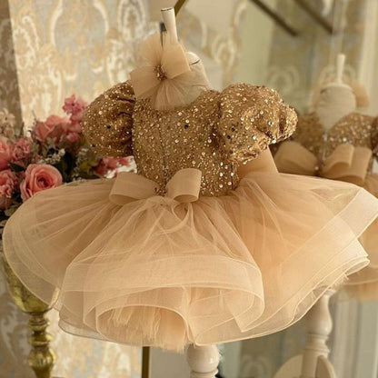 Girls Princess Dress With Puff Sleeve Sequins Children Puff Mesh