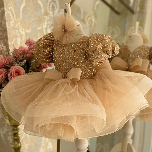 Girls Princess Dress With Puff Sleeve Sequins Children Puff Mesh