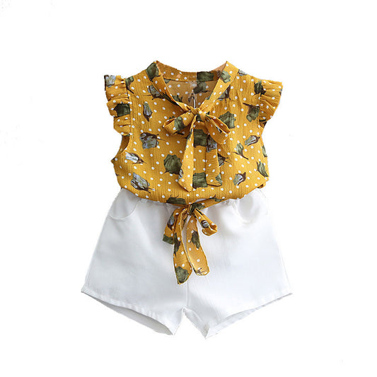 Girls Chiffon Sleeveless Flower Printed Two-piece Suit