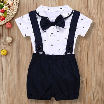 Boy's White Romper Suspender Bow Tie